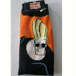 Johnny Bravo crew socks.  Orange  Retro "Wanna see me comb my hair real fast?!"